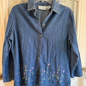 Vintage 90s Casey & Max Blue Denim Shirt Flower Embroidery Grandma Cottagecore